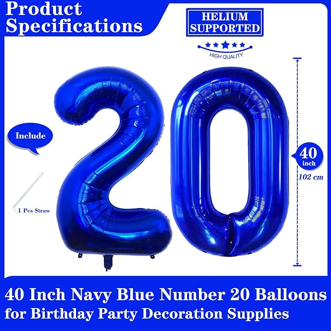 Navy Blue 20 Number Balloons, 40 Inch Giant Number 20 Balloons Foil Mylar - Image 2