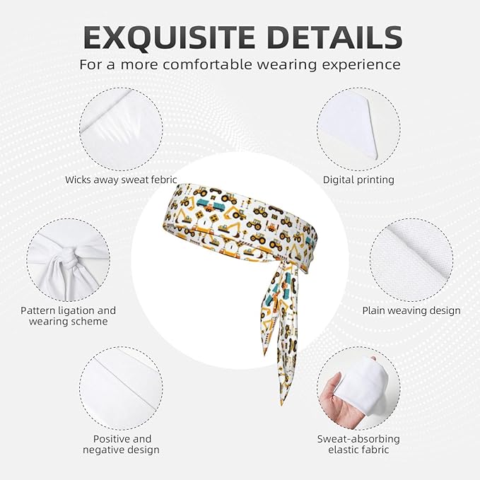 Boys Girls Cool Sports Sweat Band Head Decor for Running Athletic Spa, Long Multipurpose Cute Construction Bulldozer Excavator Head Ribbon Headdress