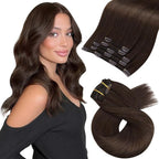 Moresoo 14 inch Clip in Hair Extensions Chocolate Brown Hair Extensions Real Human Hair Clip ins Medium Brown Remy Human Hair for Women Short 80g/5pcs