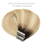 Lacer Remy Human Hair Extensions Tape Ins 20 Inch Tape in Real Human Hair Extensions Pu Skin Weft Color Caramel Blonde Mixed Bleach Blonde with Darkest Brown Roots 50 Gram R#2-27/613