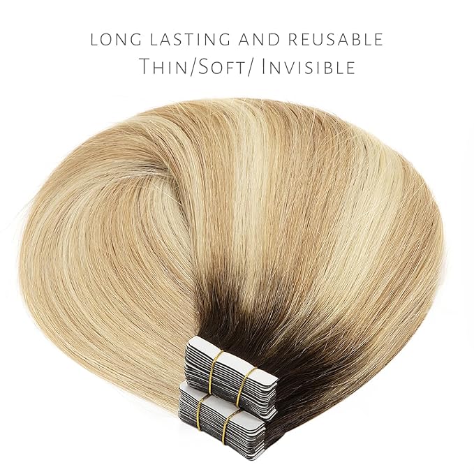 LacerHair Tape in Natural Hair Extensions Human Hair 14 Inch Tape in Human Hair Extensions Color Caramel blonde Mixed Bleach blonde with Darkest Brown Roots 50 Gram Remy Human Hair Tape Ins R#2-27/613
