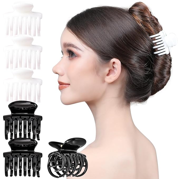 RC ROCHE 6 Pcs Double Claw Hair Clip Tooth Claw Clip Grip Tooth Jaw Clamps Thin Fine Hair Strong Hold No Slip Undo Clutchers for Women, Small Black & White