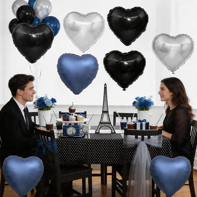 Black Blue Silver Heart Balloons, 18Inch Blue Silver Helium Balloon - Image 5