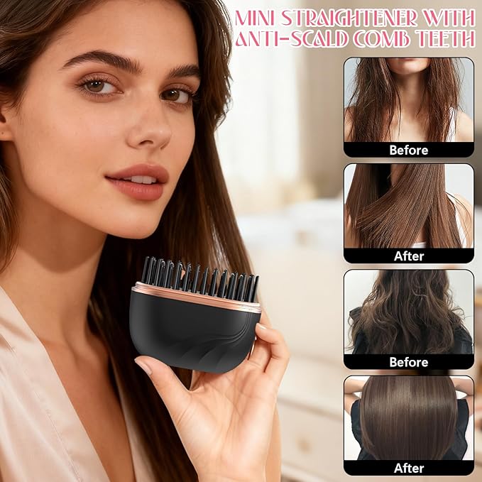 Mini Straightener,Rechargeable Portable Hair Straightener Brush,Fast Heating Hot Comb,Anti Scald Shell,3-Speed Temperature Control,Lightweight Mini Hair Straightener Brush for Home Travel Gift (Pink)