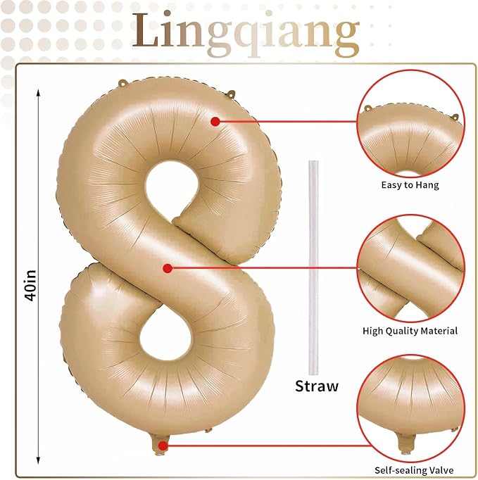 40 Inch Balloon Number 8 Nude, Large Apricot Foil Number Balloons Set 0-9 - Image 2