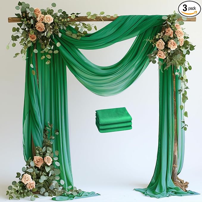 Wedding Arch Draping Fabric Backdrop 3 Panels, Emerald Green | 28.7"x20FT Sheer by Wokceer
