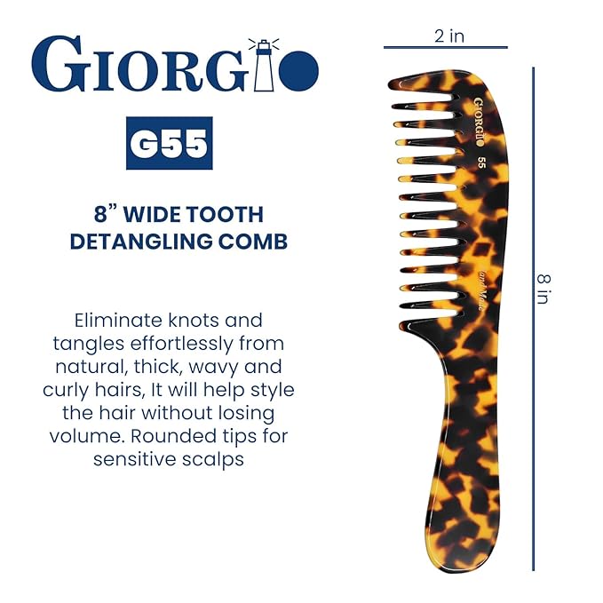 Giorgio G55 Wide Tooth Detangler Comb for Wet Hair, Hair Comb for Thin to Medium Hair, Hair Combs for Women and Men, Large Tooth Rake Comb Handmade Saw-Cut and Hand Polished