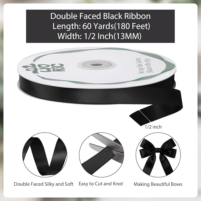 woric Double Faced Black Satin Ribbon 60 Yards 1/2 Inch Black Bows | Smooth - Image 2