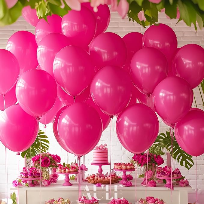 AULE 50Pcs Latex 12 Inch Hot Pink Balloons Fuchsia | Helium Party Happy - Image 4