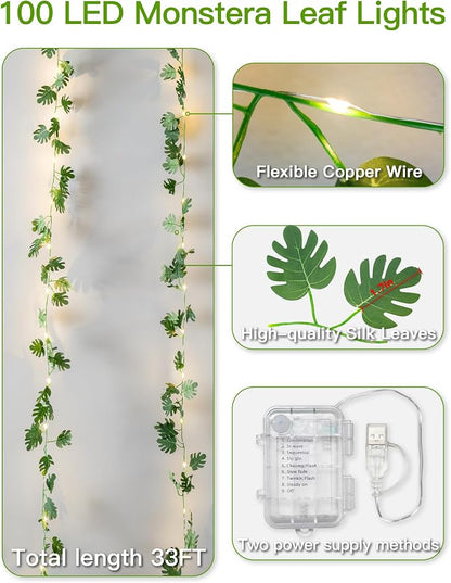 33FT Monstera Vines with Lights Battery & USB Powered Copper Wire | 100Led - Image 5