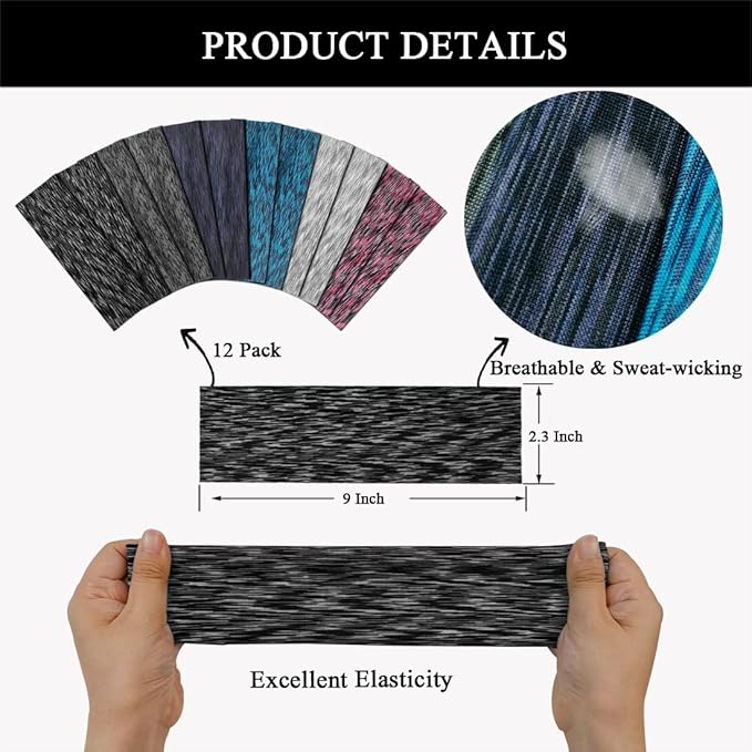 Headbands For Women 12 Pack Headband Yoga Elastic Head Bands Women's Hair Band Workout Soft Sweat Hairbands Accessories