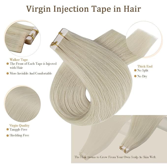 Full Shine Blonde Virgin Injected Tape in Hair Extensions 5Pcs Color 1000 Ice Blonde Seamless Skin Weft Machine Remy Tape in Extensions 24 Inch Hair Extensions Real Human Hair 12.5 Gram for Women