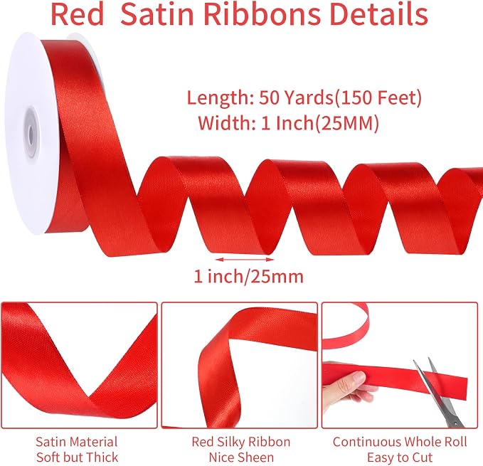 woric Red Satin Ribbon 1 Inch 50 Yards Red Bows | Ideal - Image 2