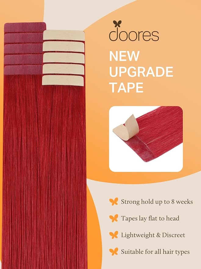 DOORES Human Hair Extensions Tape in Hair, Red Tape in Hair Extensions 22 Inch 10pcs 30g, Tape in Hair Extensions Human Hair Extensions Straight Hair