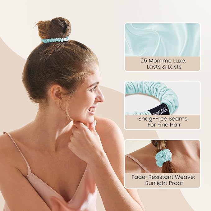 THXSILK 100% Mulberry Silk Scrunchies 3-Pack, 25 Momme Mulberry Silk Hair Ties for Women, Sleek Low Profile No Damage Ponytail Holders, for Fine Hair & Everyday Use, Ice Blue