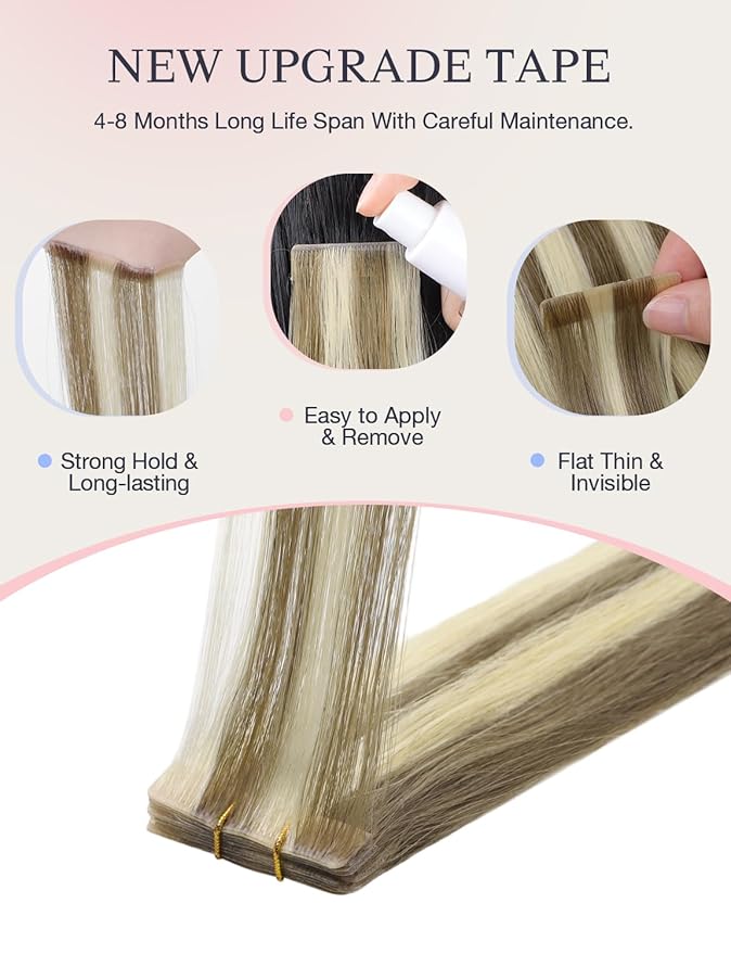 DOORES Invisi Edge Human Hair Tape in Extensions, Light Brown Highlighted Medium Blonde 10 Injection Tape-ins with 10 Classic Tape-ins 50g 16 Inch, Injected Tape in Extensions Straight