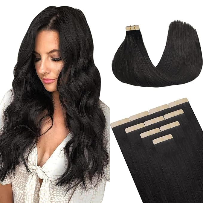 DOORES Real Human Hair Extensions, Natural Black 26 Inch 30g 10pcs, Tape in Long Straight Remy Hair