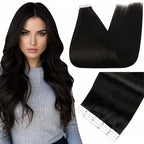 Full Shine Tape in Hair Extensions 10 Inch 30 Grams Seamless Skin Weft Human Hair Tape in Extensions Color 1B Off Black Invisible Double Sided Remy Extensions for Women 20 Pieces Add Volume