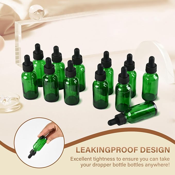 12 Pcs, 1oz Dropper Bottle, Green Glass Eye Dropper Bottle,Tincture Bottles with Dropper, Leak-Proof Design, Stronger Suction, for All Kinds of Mixed Liquids
