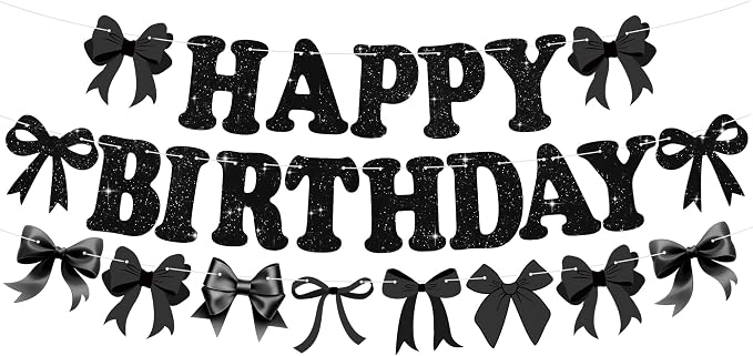 Glitter Black Bow Happy Birthday Banner Pre-Strung Coquette Birthday by RICHHHA