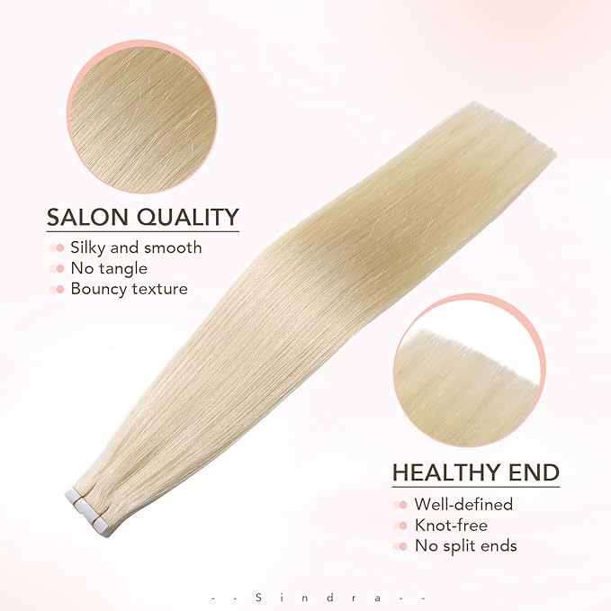 Sindra Invisi Edge Tape in Extensions Human Hair, Platinum Blonde Invisible Seamless Extensions Real Human Hair 14 Inch 40g 20pcs Injected Tape ins