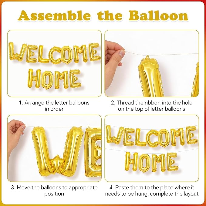 Welcome Home Balloons Red Gold, 16Inch Welcome Home Foil Balloons Banner - Image 8