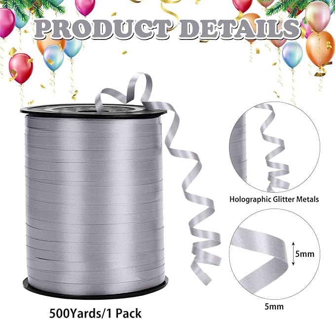 500 Yard Silver Curling Ribbon for Gift Wrapping, Balloon String, 3/16" Thin - Image 2