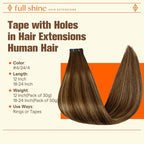 Full Shine Tape in Hair Extensions Human Hair Color 4 Medium Brown to 24 Blonde and 4 Medium Brown No Glue No Clips Tape in Balayage Extensions 20Pcs 30G Tape Extensions Human Hair 12Inch