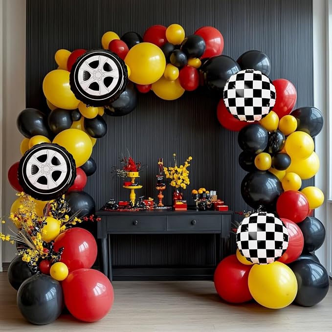 Race Car Balloon Garland Arch Kit 157Pcs Red Black Yellow Checkered Wheel by YUNGSUNPartySupplies
