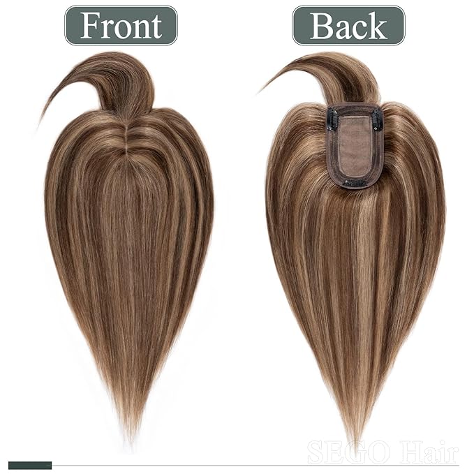 SEGO Hair Toppers for Women Real Human Hair with Thinning Hair, Toppers Hair Clip in Toppers Straight with Front Bangs 150% Density Silk Base -8 Inch #4/27 Medium Brown Mix Dark Blonde