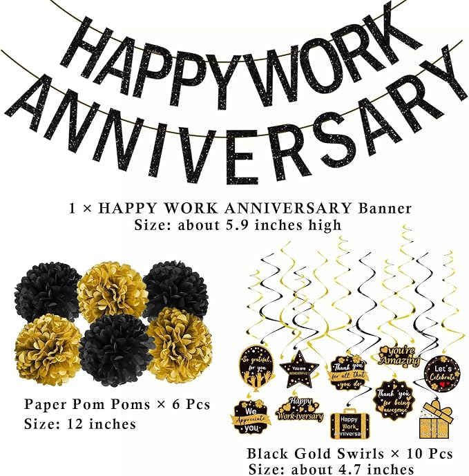 Happy Work Anniversary Decorations Black Gold, Happy Anniversary Banner - Image 2