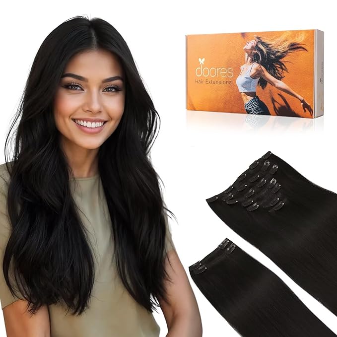DOORES Hair Extensions Real Human Hair, Jet Black 150g 9pcs 18 Inch, Clip in Hair Extensions Real Human Hair Extensions Human Hair Natural Extensions for Women Clip in Straight Thick Hair Extensions