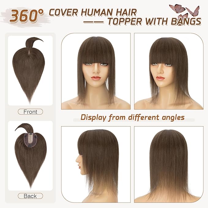 Rich Choices Real Human Hair Toppers for Women With Bang 100% Remy Human Hair Topper for Thinning Hair Clip in Silk Base Hair Topper 6 Inch #2R Chocolate Brown