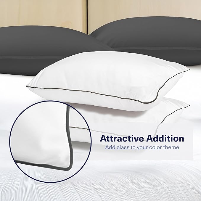 Kickoff Viscose Bamboo Pillowcase, Standard, Set of 2, 100% Organic Hidden Zippered Viscose Bamboo Pillow Case Standard Size, Cooling Pillow Cover for Hot Sleepers (20"x26", Trimmed, Pewter)