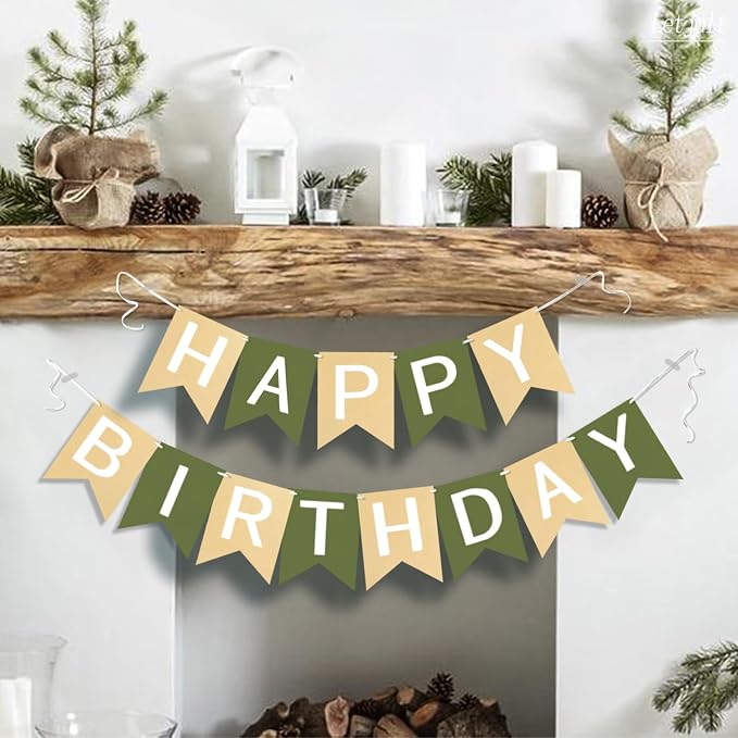 Letjolt Brown Green Happy Birthday Banner Greenery Theme 13pcs | Party Supplies - Image 3