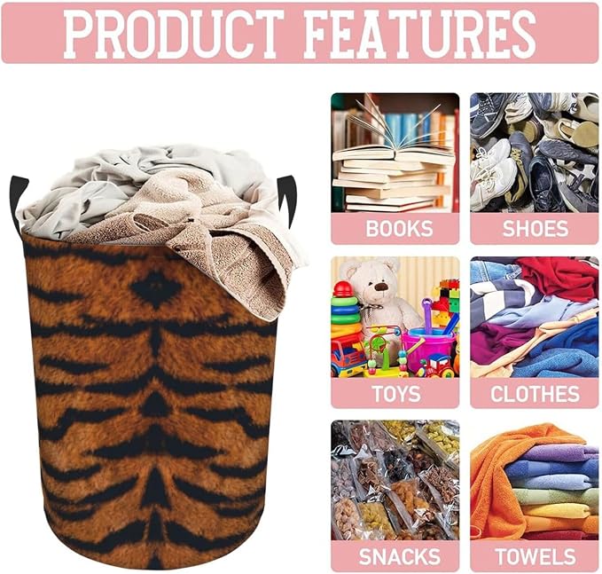 Tiger Animal Texture Round Laundry Hamper Storage Basket Toys Clothes Organizer - Image 5