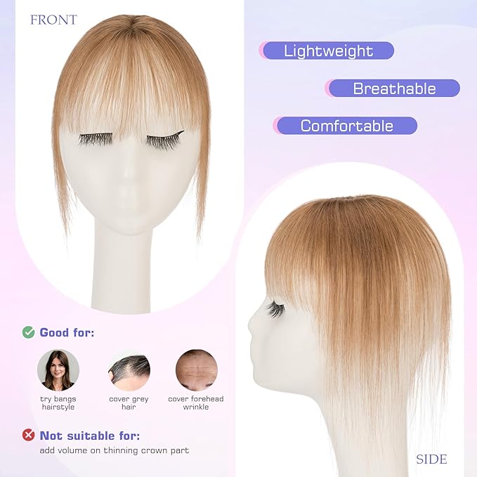 Hairro Clip On Bangs Human Hair Bangs Hair Clip In Bangs 3D 360°Cover Topper With Bangs Wispy Air Bangs Hair Pieces Fake Bangs For Women 8 Inches 10g #06 Light Brown