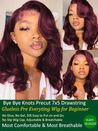 KLAIYI Black Cherry Bob Loose Body Wave Precut 7x5 HD Lace Front Wigs Human Hair Glueless Bye Bye Knots Drawstring Red Burgundy Wig with Curtian Bang Pre Plucked Bleached Ready to Put On And Go 12Inch