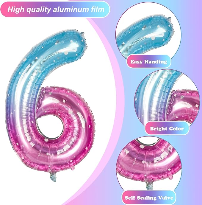 40 Inch Balloon Number 6 Blue Pink, Large Foil Mermaid 6 Balloons Number - Image 9