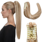 Hairro Claw Clip Ponytail Human Hair Extensions Jaw On Ponytails Remy Long Straight Jaw/Claw Clips Pony Tail Hairpieces For Women 20 Inch 120g #12P613 Golden Brown Mix Bleach Blonde
