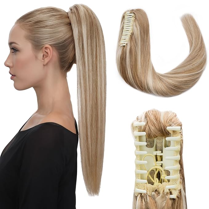 Hairro Claw Clip Ponytail Human Hair Extensions Jaw On Ponytails Remy Long Straight Jaw/Claw Clips Pony Tail Hairpieces For Women 20 Inch 120g #12P613 Golden Brown Mix Bleach Blonde