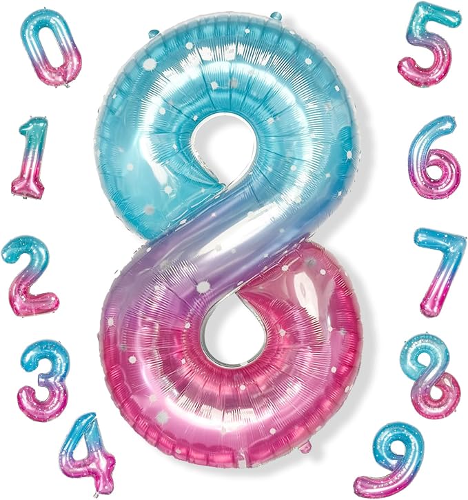 Purple Teal Number 8 Balloons, 40 Inch Giant Mermaid Starry Mylar Foil Number 8 by Isndare