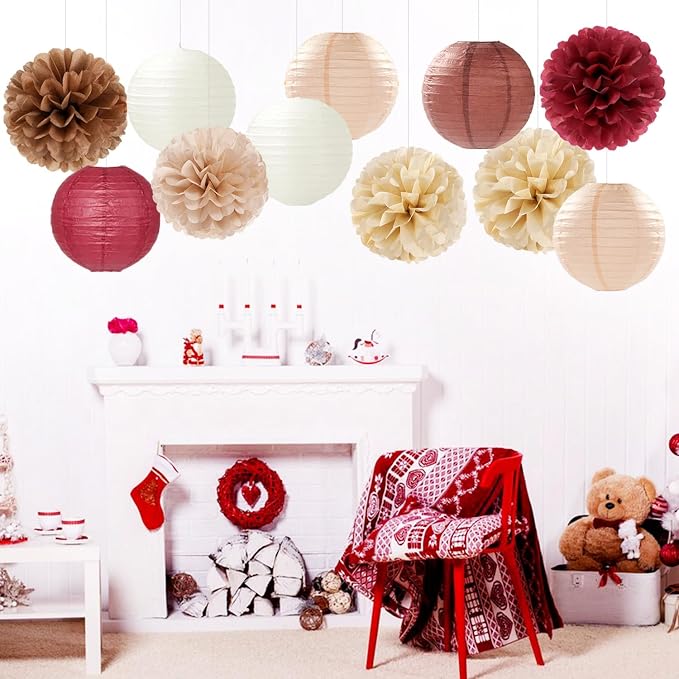 Burgundy-Brown Champagne Party-Decorations Paper-Flowers Lanterns - Image 4