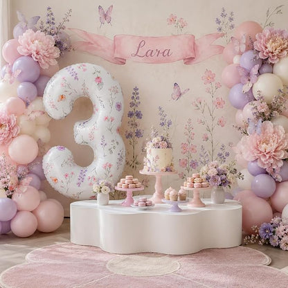 3rd Birthday Decorations for Girls, 40 Inch White Floral Number 3 Balloons | - Image 5