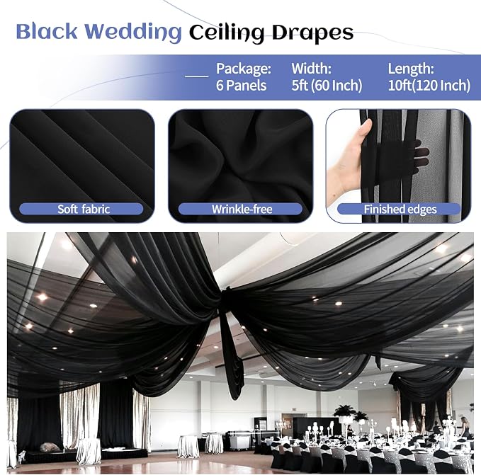 6 Panels Black Ceiling Drapes for Wedding Ceiling Drapes 5ftx10ft Wedding Arch - Image 4