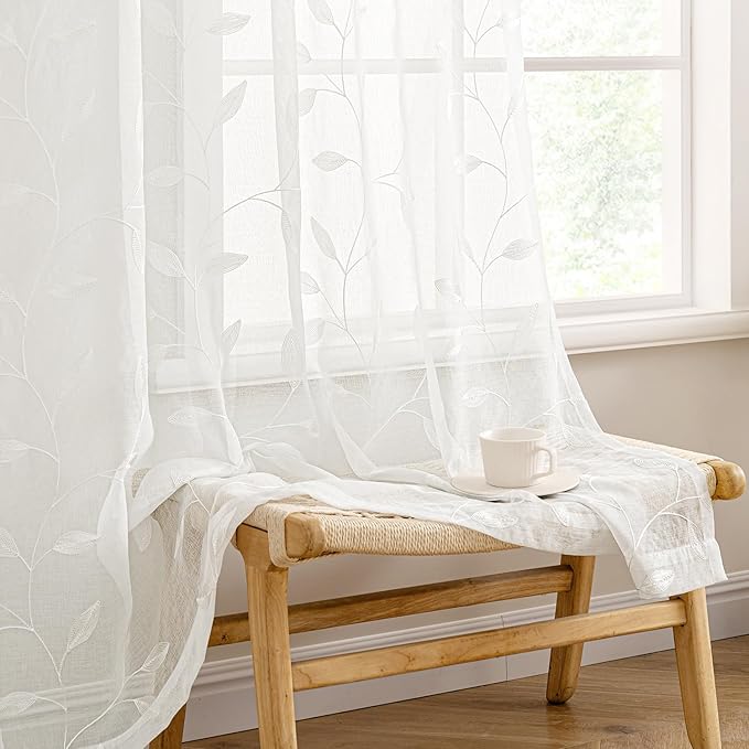 MIULEE Ivory Sheer Curtains 2 Panels Embroidered Leaf Patterned, W52 x L84 | by MIULEE