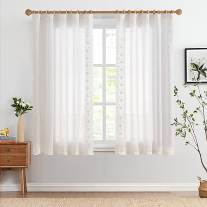 jinchan Floral Linen Curtains Embroidered Back Tab 50x63in 2 Panels White | - Image 3