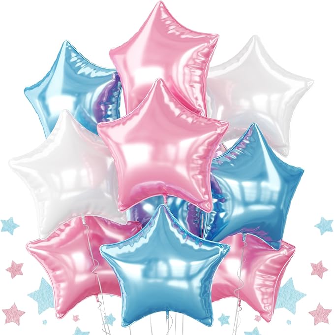 Pink Blue White Star Foil Balloons, 18 Inch Metallic Light Pink Blue Stars by BIAPIAN
