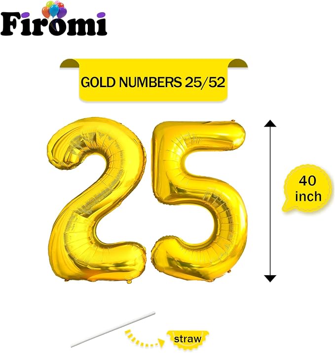 FIROMI 25 Number Balloons Gold Big Foil Mylar 52 Balloon Numbers 40-inch | - Image 2
