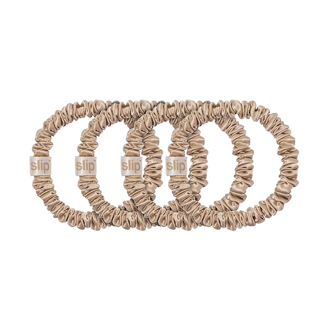 slip Silk Skinny Scrunchies - Blonde | Set of 4 Skinny Scrunchies | 100% Mulberry Silk, Anti-Crease, Gentle on Hair, Reduces Breakage | Stylish, Durable, Ideal for All Hair Types